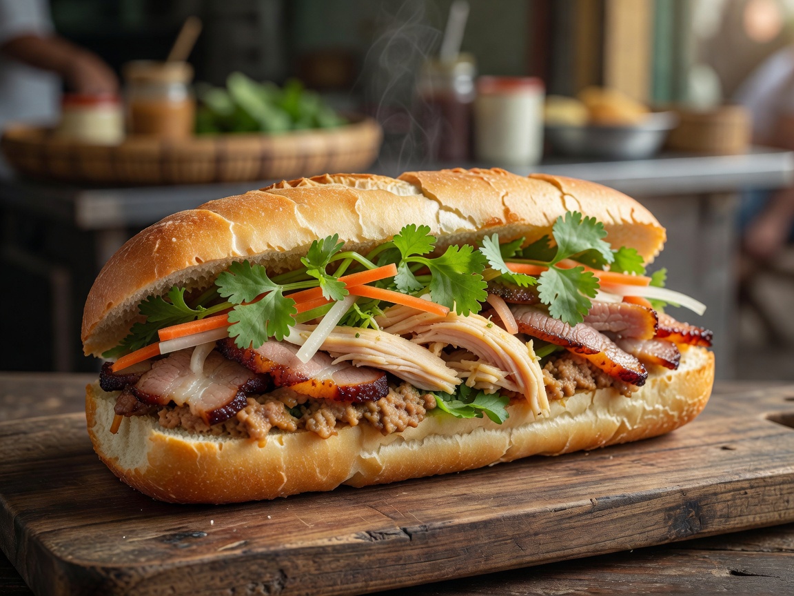 Authentic Vietnamese Banh Mi sandwich stuffed with meats and cilantro