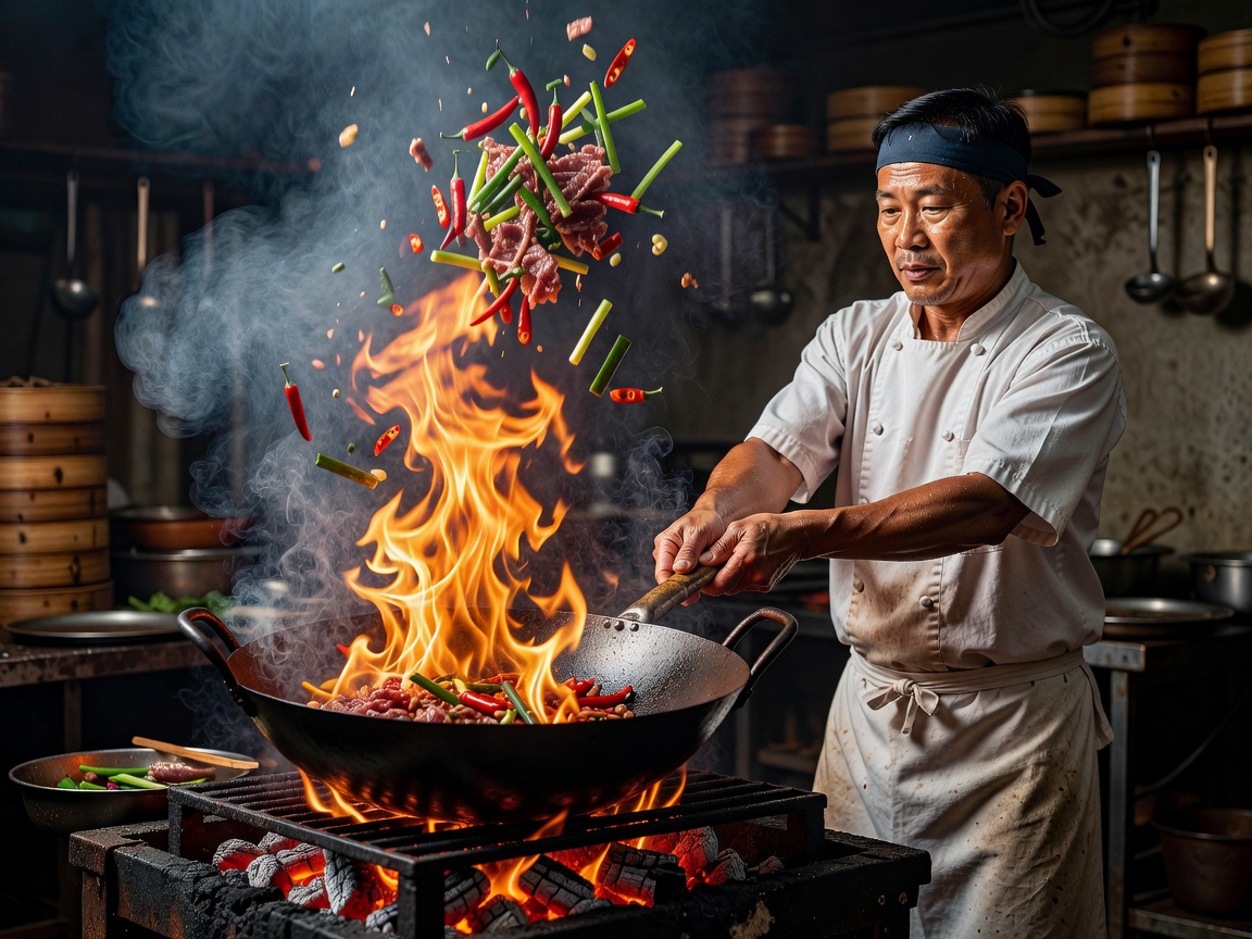 Chef tossing fresh spices and street food over an open flame
