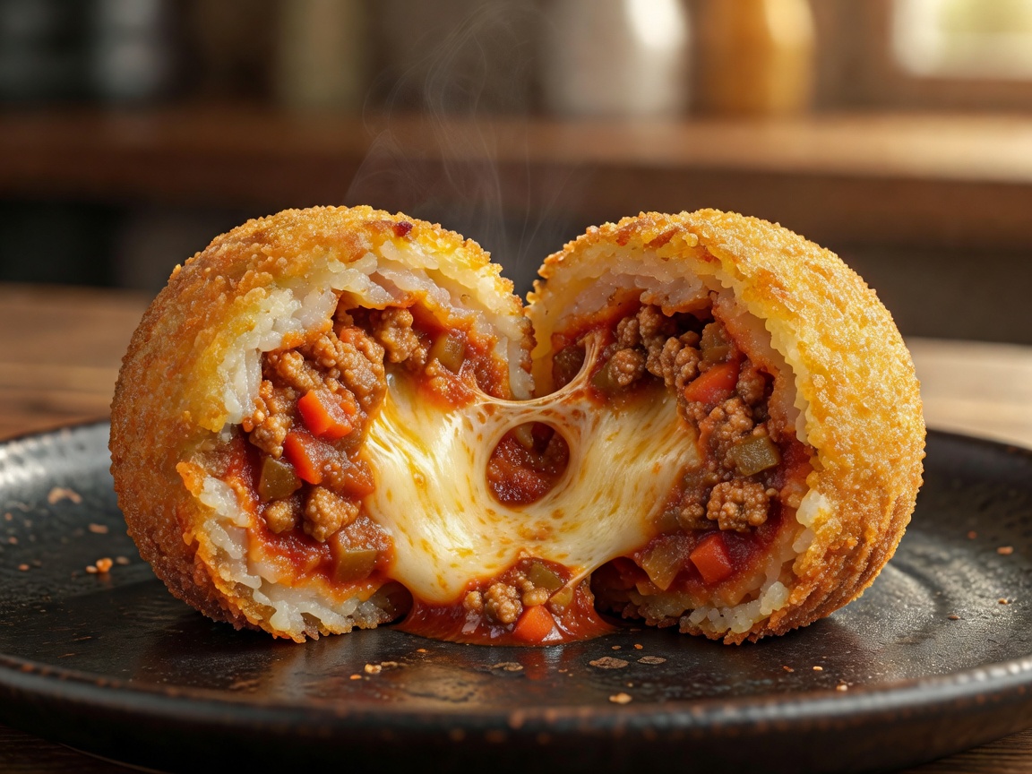 Crispy golden Sicilian Arancini fried rice ball cut open showing cheese and ragù filling