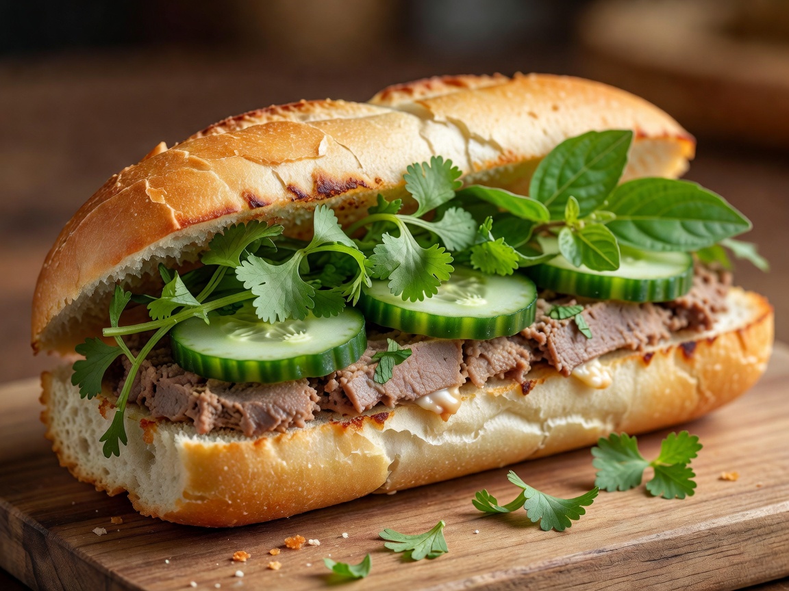 Freshly toasted Vietnamese Banh Mi sandwich filled with herbs, pate and cucumber slices