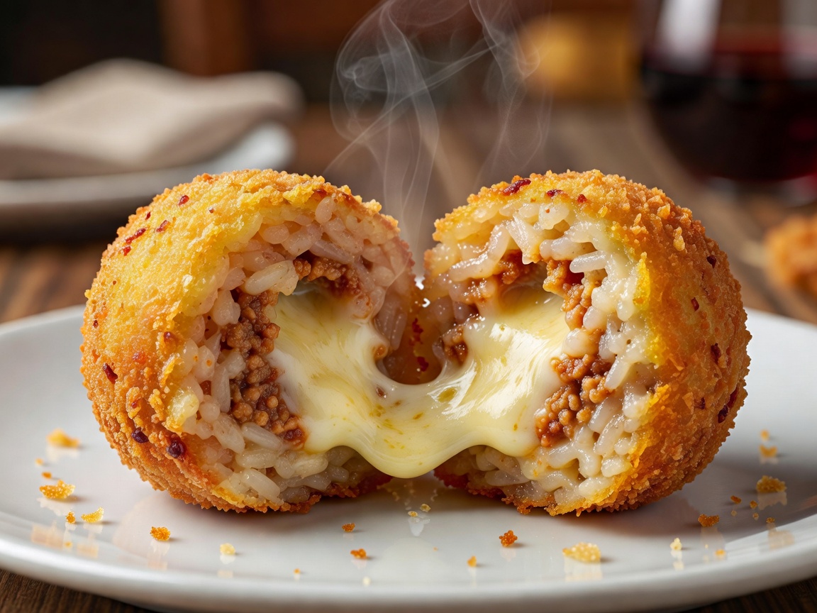 Golden fried Italian Arancini rice balls cut open