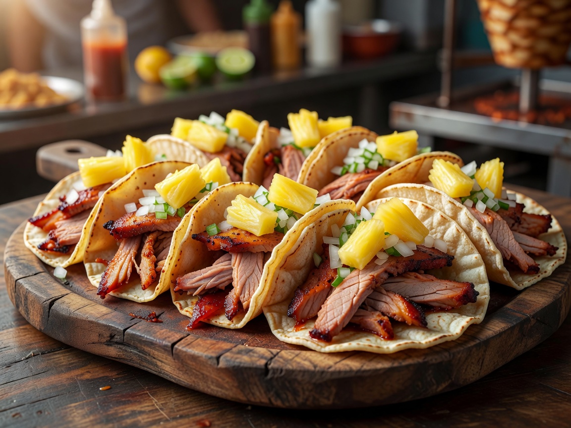 Platter of street-style Tacos al Pastor topped with diced onions and fresh pineapple