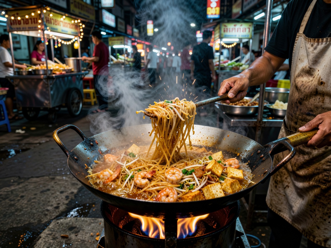 Sizzling Pad Thai noodles served at a Bangkok night market