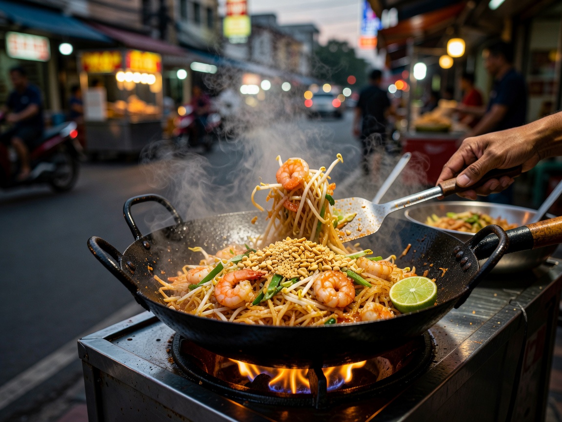 Sizzling Thai street Pad Thai stir-fry with prawns, lime, and crushed peanuts