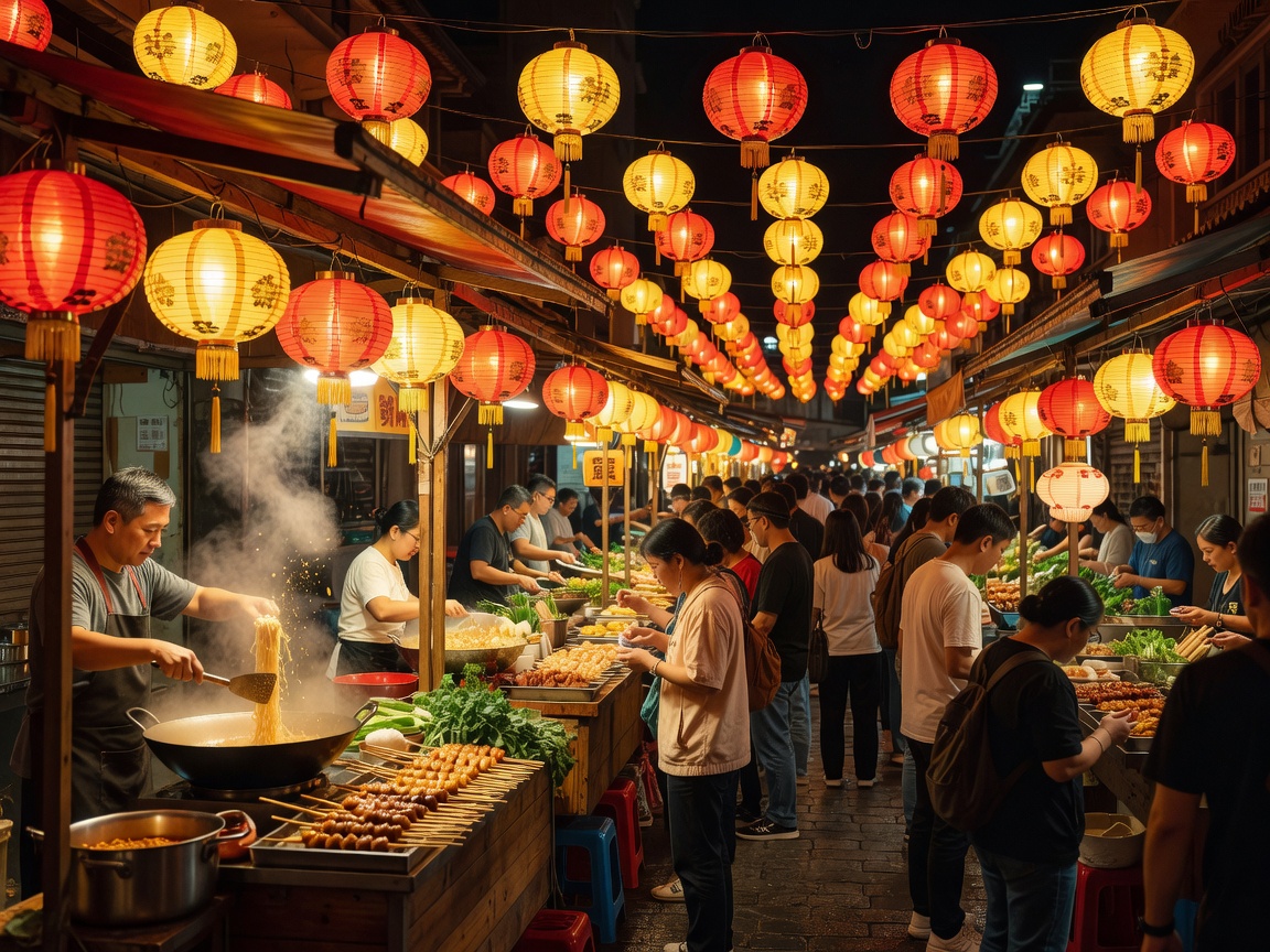 Vibrant night market street food stalls in East Asia illuminated by neon lanterns